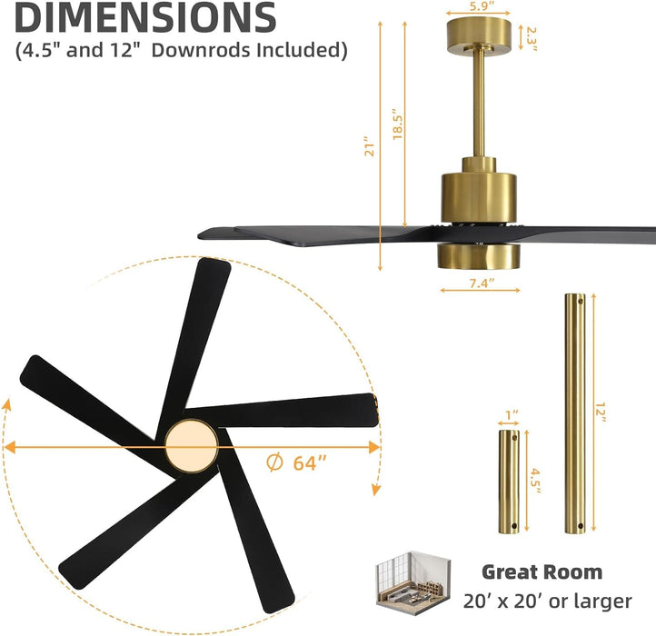 64 in. 5 Blade Remote Control Fan with Light, Nice Ceiling Fans, LED Ceiling Fan for Kitchen Bedroom Living Room, Matte Black Brass Ceiling Fan-4-ErisView