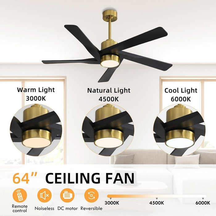64 in. 5 Blade Remote Control Fan with Light, Nice Ceiling Fans, LED Ceiling Fan for Kitchen Bedroom Living Room, Matte Black Brass Ceiling Fan-6-ErisView