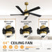 64 in. 5 Blade Remote Control Fan with Light, Nice Ceiling Fans, LED Ceiling Fan for Kitchen Bedroom Living Room, Matte Black Brass Ceiling Fan-6-ErisView