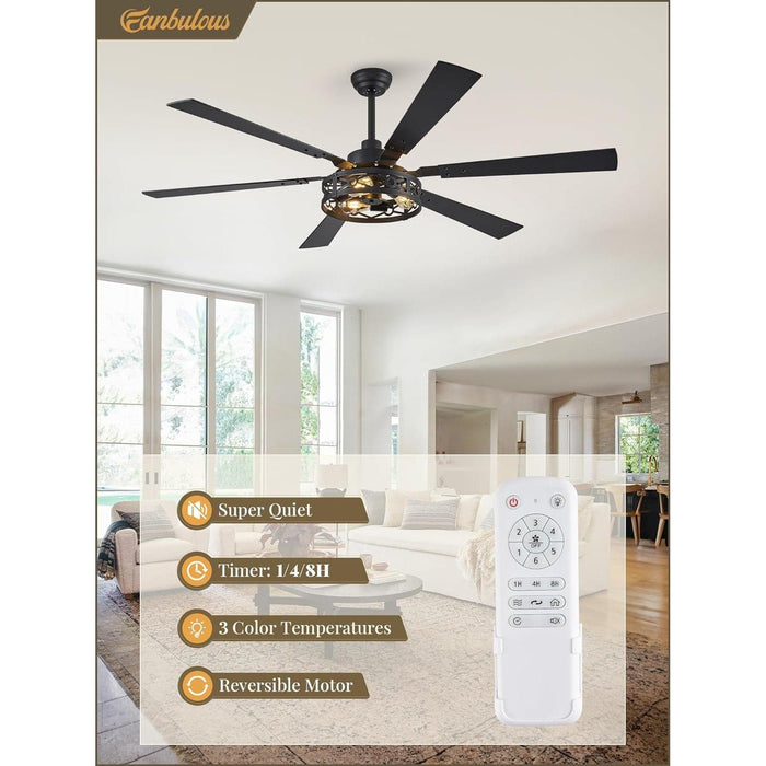65 in. Farmhouse Caged Ceiling Fan with Lights Remote, Black Industrial Reversible Quiet Ceiling Fans, Large Ceiling Fan for Living Room Bedroom-2-ErisView