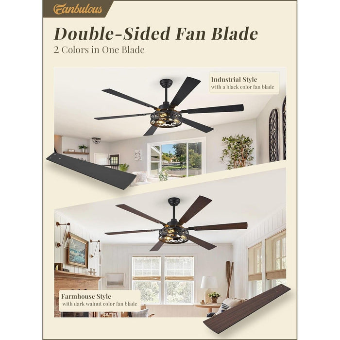 65 in. Farmhouse Caged Ceiling Fan with Lights Remote, Black Industrial Reversible Quiet Ceiling Fans, Large Ceiling Fan for Living Room Bedroom-3-ErisView