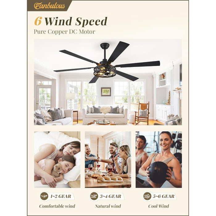 65 in. Farmhouse Caged Ceiling Fan with Lights Remote, Black Industrial Reversible Quiet Ceiling Fans, Large Ceiling Fan for Living Room Bedroom-4-ErisView