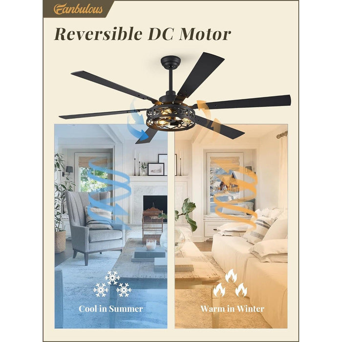 65 in. Farmhouse Caged Ceiling Fan with Lights Remote, Black Industrial Reversible Quiet Ceiling Fans, Large Ceiling Fan for Living Room Bedroom-6-ErisView