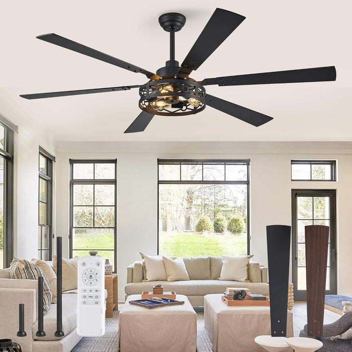 65 in. Farmhouse Caged Ceiling Fan with Lights Remote, Black Industrial Reversible Quiet Ceiling Fans, Large Ceiling Fan for Living Room Bedroom-1-ErisView