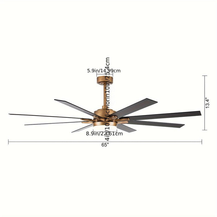 65 in. Industrial Downrod Mount LED Ceiling Fan with Light and Remote Control, 8-Blade Large Gold Ceiling Fan-ErisView