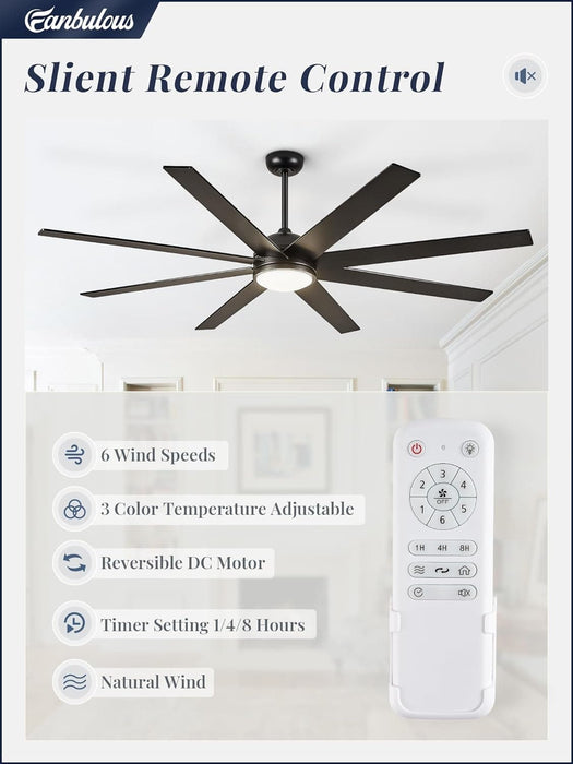 65 in. Remote Control Ceiling Fan and Light, Black Ceiling Fan for Living Room Bedroom, Outdoor Fan for Patio, Exterior Fans-2-ErisView
