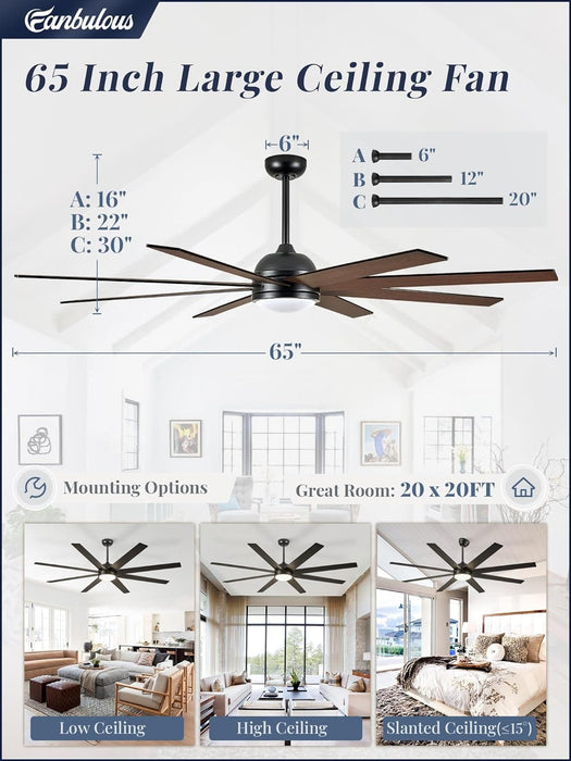 65 in. Remote Control Ceiling Fan and Light, Black Ceiling Fan for Living Room Bedroom, Outdoor Fan for Patio, Exterior Fans-7-ErisView