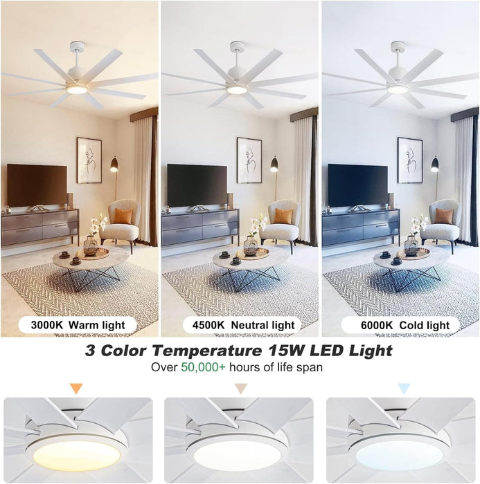 65 in. White Ceiling Fan with Light and Remote, Large Modern Ceiling Fan for Living Room Bedroom Office, Outdoor Fan for Patio-2-ErisView