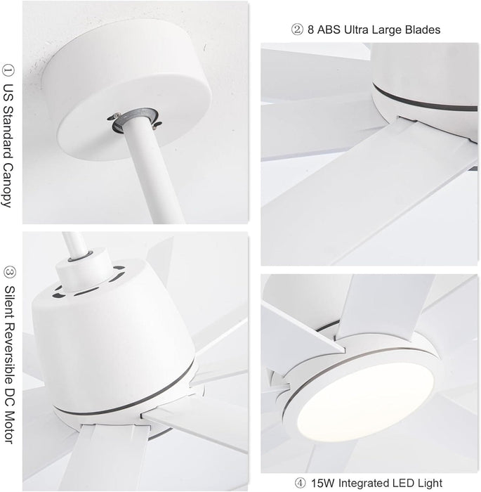 65 in. White Ceiling Fan with Light and Remote, Large Modern Ceiling Fan for Living Room Bedroom Office, Outdoor Fan for Patio-7-ErisView
