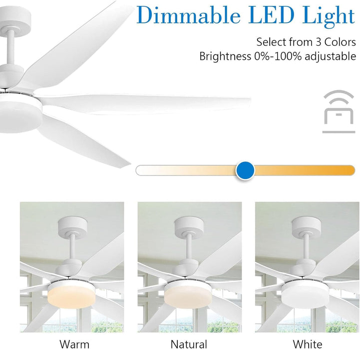 65 in. White Large LED Remote Ceiling Fan with Light, Reversible Quietest Fan For Sleeping with Light-3-ErisView