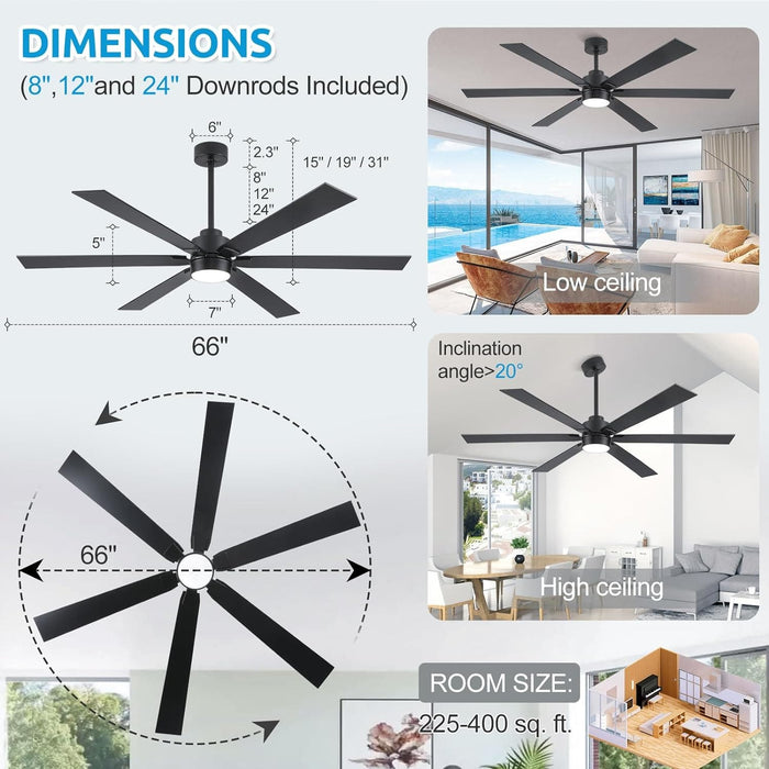 66 in. Black Large Ceiling Fan with Light, Outdoor Fan for Patio, Modern Industrial Ceiling Fans for Living Room, Patio Porch Gazebo Fan -7-ErisView