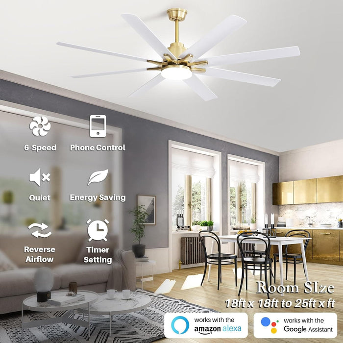 66 in. Gold and White Remote Control Ceiling Fan and Light, Smart Modern Industrial Ceiling Fans for Bedroom, Office Ceiling Fan-2-ErisView