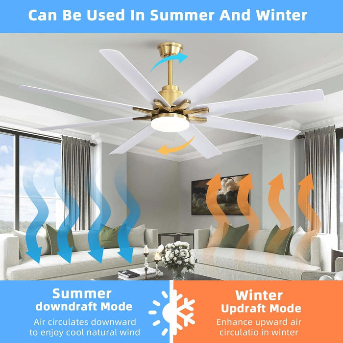 66 in. Gold and White Remote Control Ceiling Fan and Light, Smart Modern Industrial Ceiling Fans for Bedroom, Office Ceiling Fan-4-ErisView