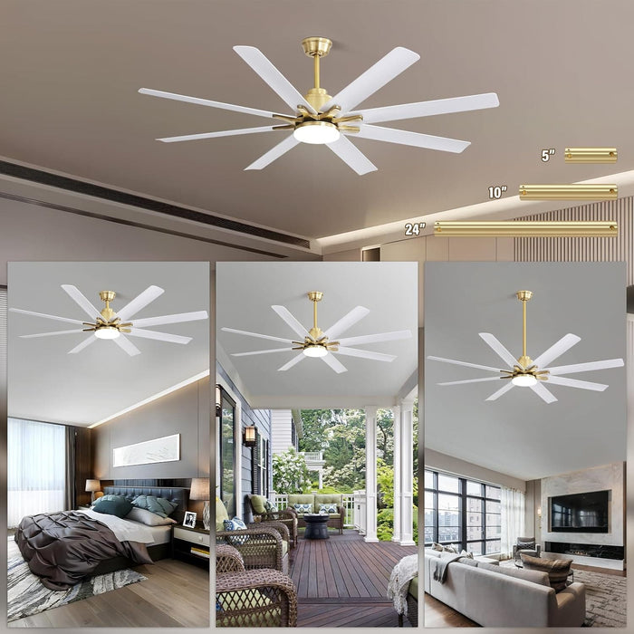 66 in. Gold and White Remote Control Ceiling Fan and Light, Smart Modern Industrial Ceiling Fans for Bedroom, Office Ceiling Fan-5-ErisView