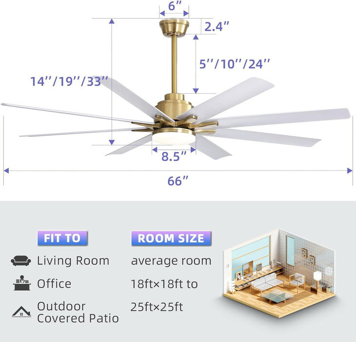 66 in. Gold and White Remote Control Ceiling Fan and Light, Smart Modern Industrial Ceiling Fans for Bedroom, Office Ceiling Fan-6-ErisView