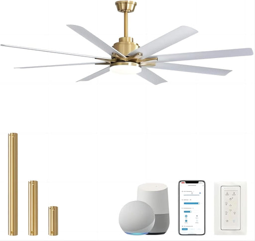 66 in. Gold and White Remote Control Ceiling Fan and Light, Smart Modern Industrial Ceiling Fans for Bedroom, Office Ceiling Fan-1-ErisView