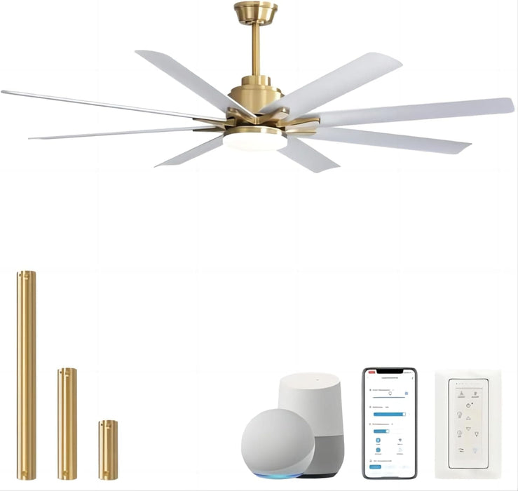66 in. Gold and White Remote Control Ceiling Fan and Light, Smart Modern Industrial Ceiling Fans for Bedroom, Office Ceiling Fan-1-ErisView