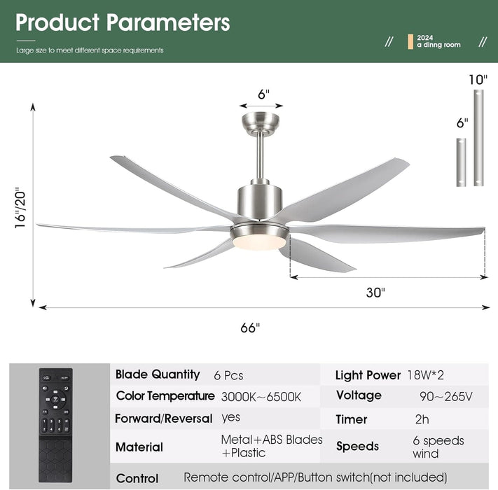 66 in. Large Ceiling Fans with Lights Remote APP Control, Modern Ceiling Fan, New Ceiling Fans for Living Room Garage Workshops, Warehouse Ceiling Fans-4-ErisView