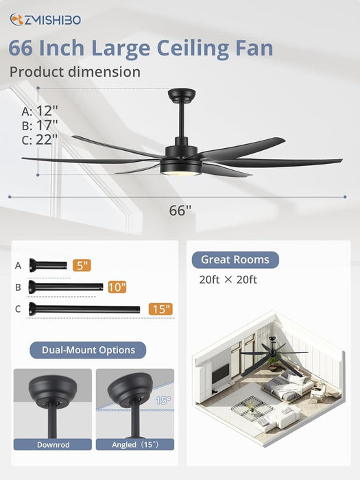 66 in. Large LED Ceiling Fan and Light, Reversible Ceiling Fan for Patio Living Room Bedroom Dining Room, Kitchen Ceiling Fans with Lights-6-ErisView
