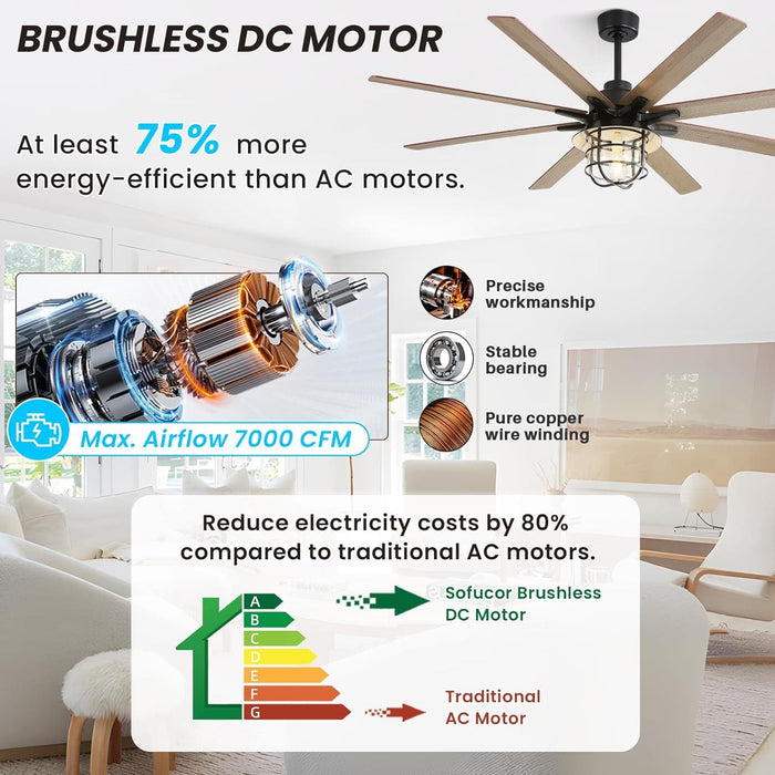 66 in. Remote Control Ceiling Fan and Light, Farmhouse Reversible Quiet Ceiling Fans for Living Room Kitchen Patio-5-ErisView