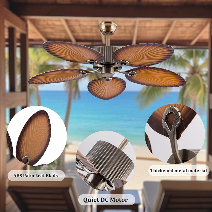 52 in. Indoor Outdoor Ceiling Fan Without Lights, Tropical Coffee Finish Palm Leaf Blades Remote Control, Reversible Quiet Motor, for Patio, Porch, Living Room Low Profile Ceiling Fan