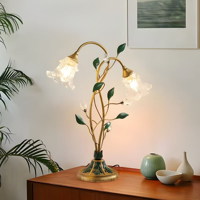 2 Lights Dimmable Glass Flowers Floral Table Lamp with Green Leaves