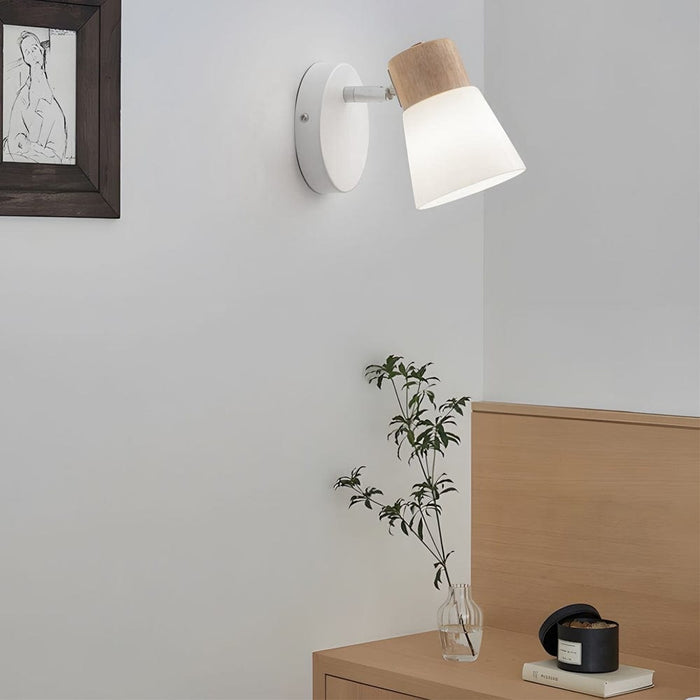 Wood Glass Cone Rotatable Light Wall Sconce. White