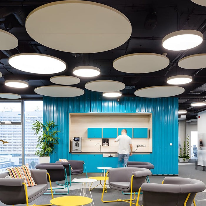 Round-panel LED Pendant Light for Commercial Spaces. Black/White