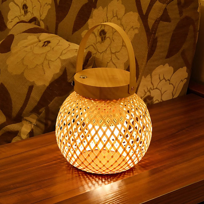 Portable Woven Shade Desk Lantern with Handle. Bamboo Table Lamp with Lid