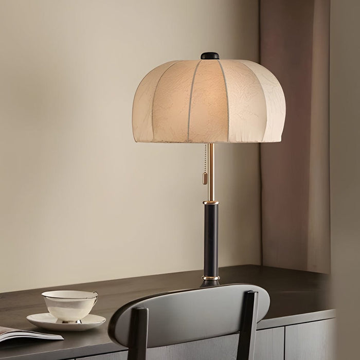Vintage Wood Table Lamp with Fabric Dome Shade and Pull Switch