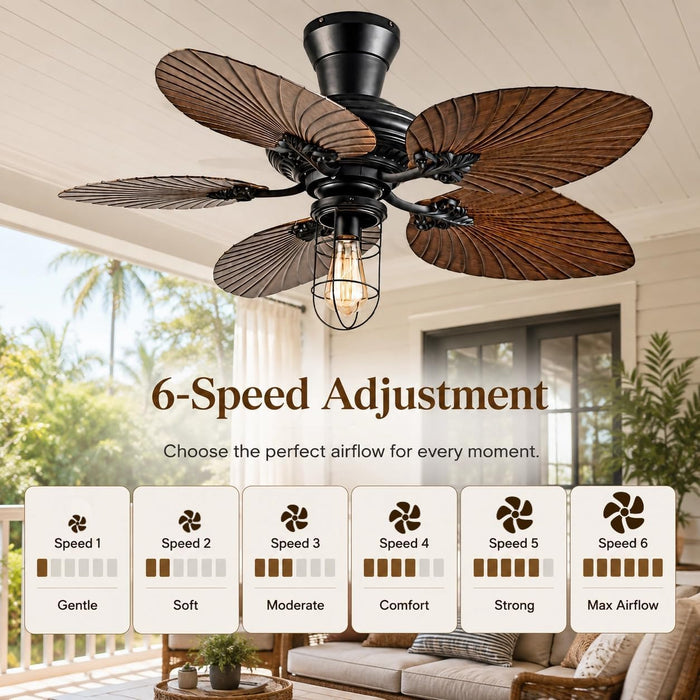 52 in. Outdoor Flush Mount Palm Leaf Ceiling Fans with Lights and Remote