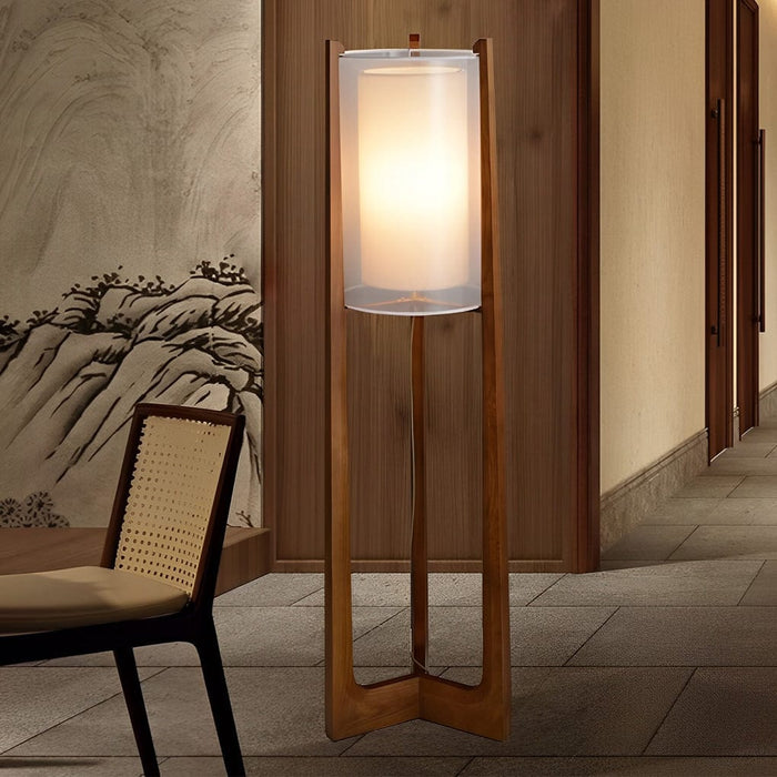Mid Century Wooden Floor Lamp With Fabric Shade LED 3 Step Dimming Standing Lamp