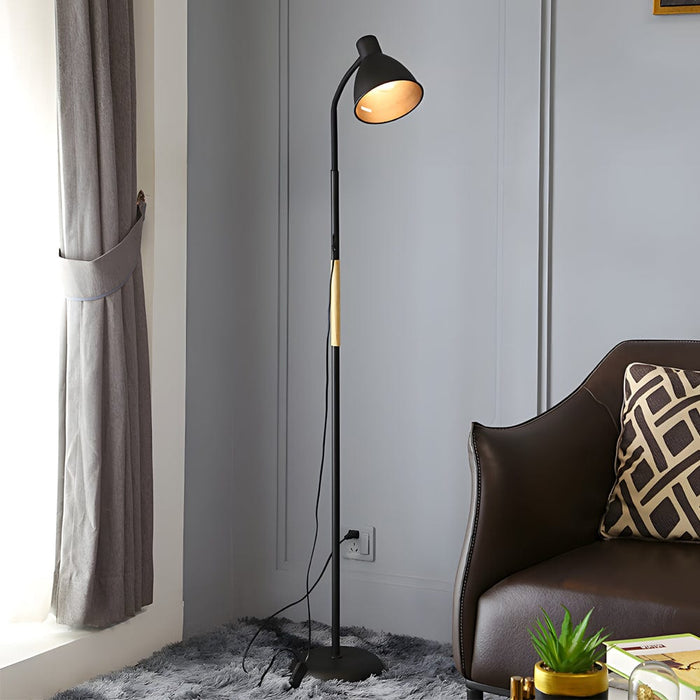 Rustic 59'' Wood & Iron Floor Lamp with Metallic Shade. US Plug