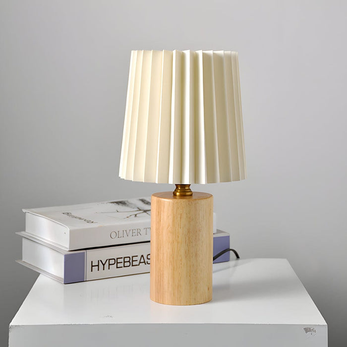 Pleated Drum Wood Cylinder Column Table Lamp. Vintage 1-light Changeable E27