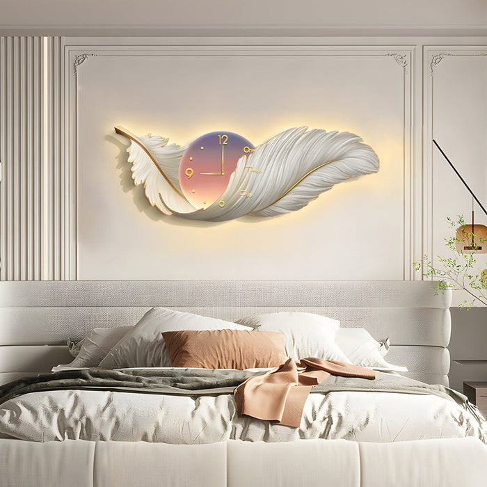 Feathers Decorative Painting with Clock USB Modern LED Wall Lamp Remote Control
