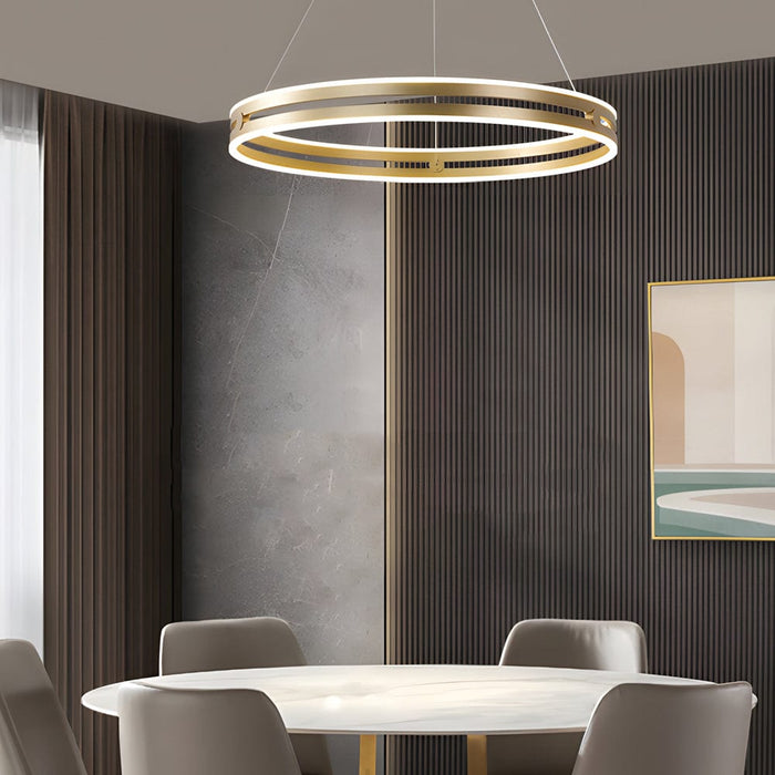 23.6-in Double Wheel Chandelier Modern LED Pendant Light. Black/Gold/Brown