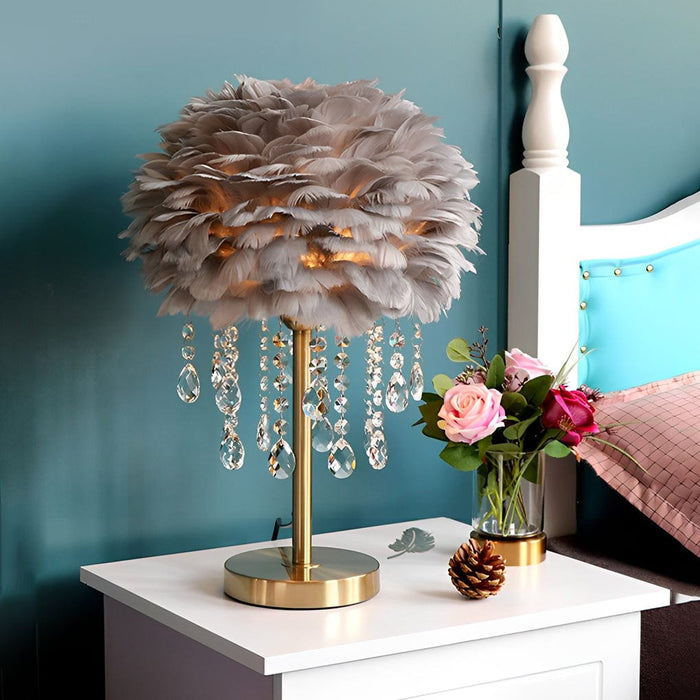 Fluffy Goose Feather Table Lamp With Crystal Tassels Nordic Bedside Lighting