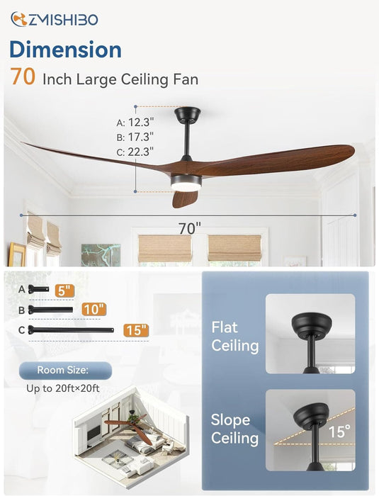70 in. Large Deep Walnut Outdoor Patio Fans, Modern Remote Control Ceiling Fan and Light, 3 Blades Farmhouse Ceiling Fan with Bedroom Living Room -6-ErisView