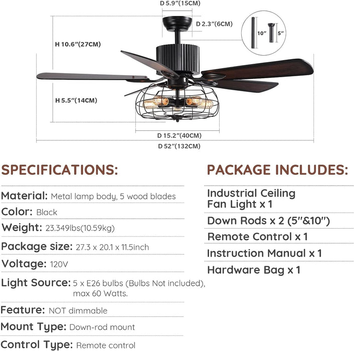 52 in. Industrial Farmhouse Vintage Retro Caged Ceiling Fan with Light and Remote, Indoor Black Ceiling Fandelier for Bedroom Living Room-6-ErisView