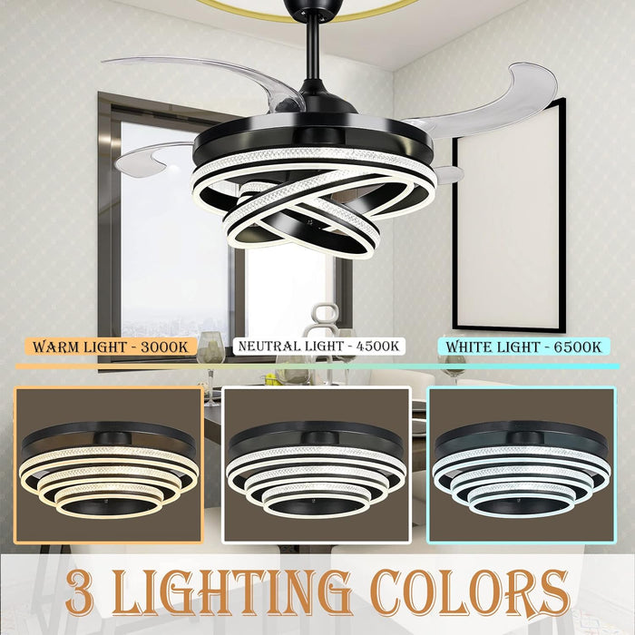 42 in. Modern Black Invisible Ceiling Fan Chandelier Light with Remote, Retractable Decorative Ceiling Fan with Light for Bedroom Living Dining Room -5-ErisView