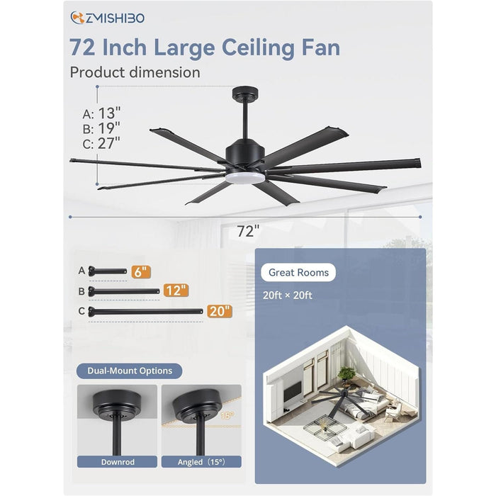 72 in. Big Remote Control Ceiling Fan and Light, Ceiling Fans for Patio Living Room, Reversible Black Industrial Ceiling Fans-4-ErisView