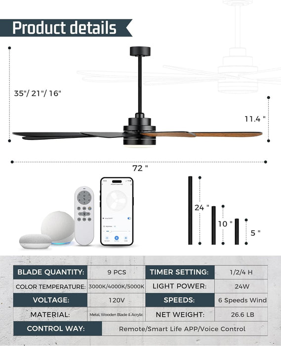 72 in. Black Ceiling Fan with Lights and Remote, LED Ceiling Fan and Light,Beautiful Ceiling Fans, Matte Black Ceiling Fan Light with Dark Walnut Blade-6-ErisView