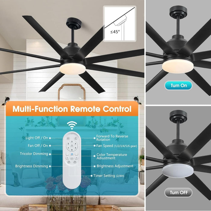 72 in. Black Large 8 Blade Ceiling Fan with Light and Remote, Farmhouse Flush Mount Ceiling Fan for Living Room Kitchen Dining Room Bedroom Garage Patio-6-ErisView