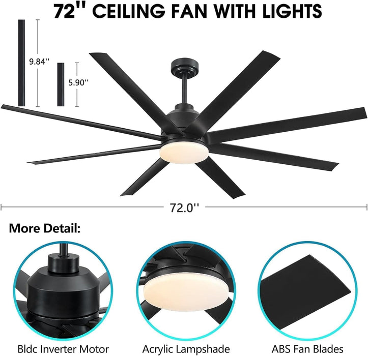 72 in. Black Large 8 Blade Ceiling Fan with Light and Remote, Farmhouse Flush Mount Ceiling Fan for Living Room Kitchen Dining Room Bedroom Garage Patio-7-ErisView