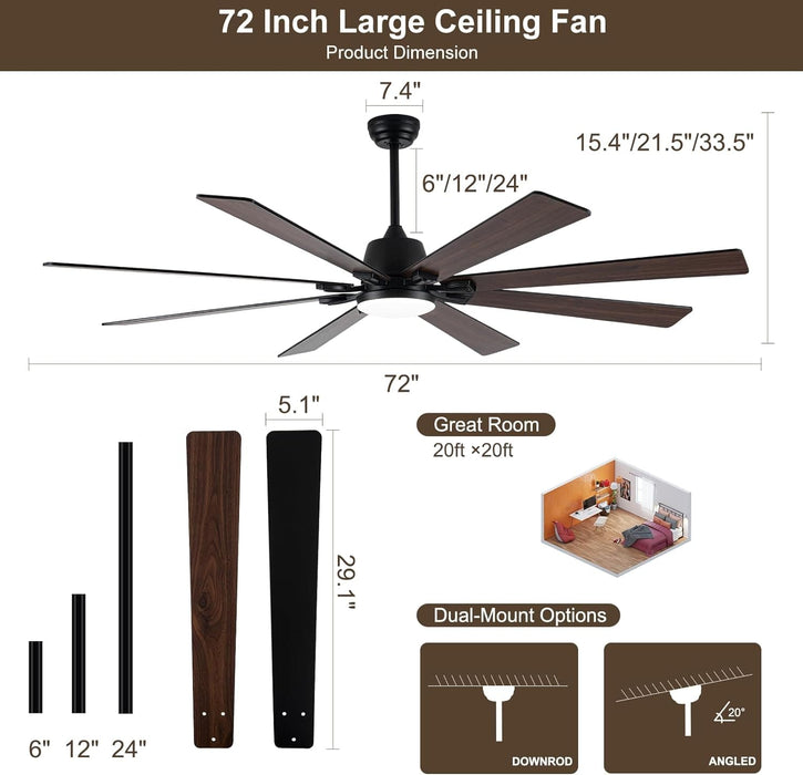 72 in. Black Remote Control Ceiling Fan and Light, Large Modern Ceiling Fan for Living Room, Farmhouse Outdoor Fan for Patio-6-ErisView