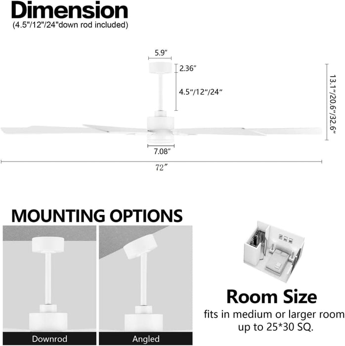 72 in. Black Wood Ceiling Fan with Lights and Remote Control, Wood Reversible Modern Ceiling Fan for Office Porch Bedroom Dining Living Room Ceiling Fan-49-ErisView