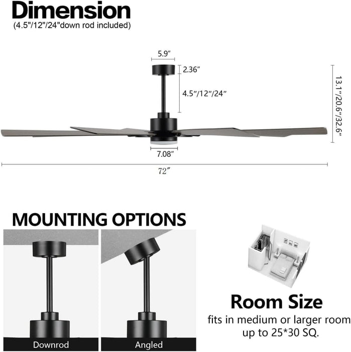 72 in. Black Wood Ceiling Fan with Lights and Remote Control, Wood Reversible Modern Ceiling Fan for Office Porch Bedroom Dining Living Room Ceiling Fan-4-ErisView