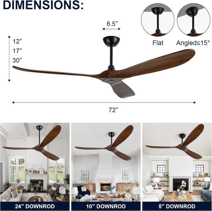 72 in. Ceiling Fans without Lights, Large Wet Rated Ceiling Fan for Porch Patio, Wood Reversible Ceiling Fan with Remote-4-ErisView