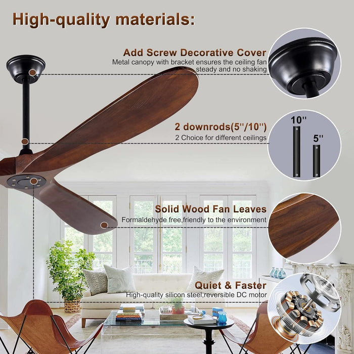 72 in. Ceiling Fans without Lights, Wood Remote Control Fan, Reversible Modern Ceiling Fan for Living Room Bedroom Kitchen-3-ErisView