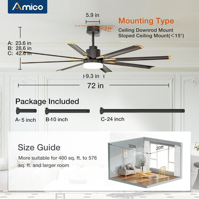 72 in. Indoor Outdoor Ceiling Fan with Remote Control, 8 Reversible Blades Industrial Bedroom Ceiling Fans, Dimmable Outdoor Fan for Patio-17-ErisView